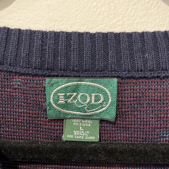 Vintage Izod Wool Sweater Men’s Large Long Sleeve Geometric Navy Blue Brazil - Picture 4 of 7